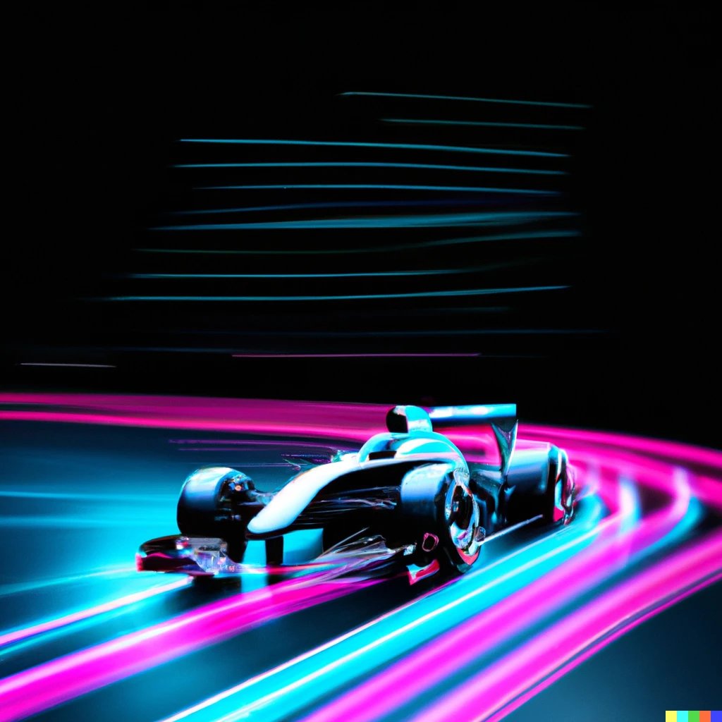 A Formula 1 car driving on a neon road